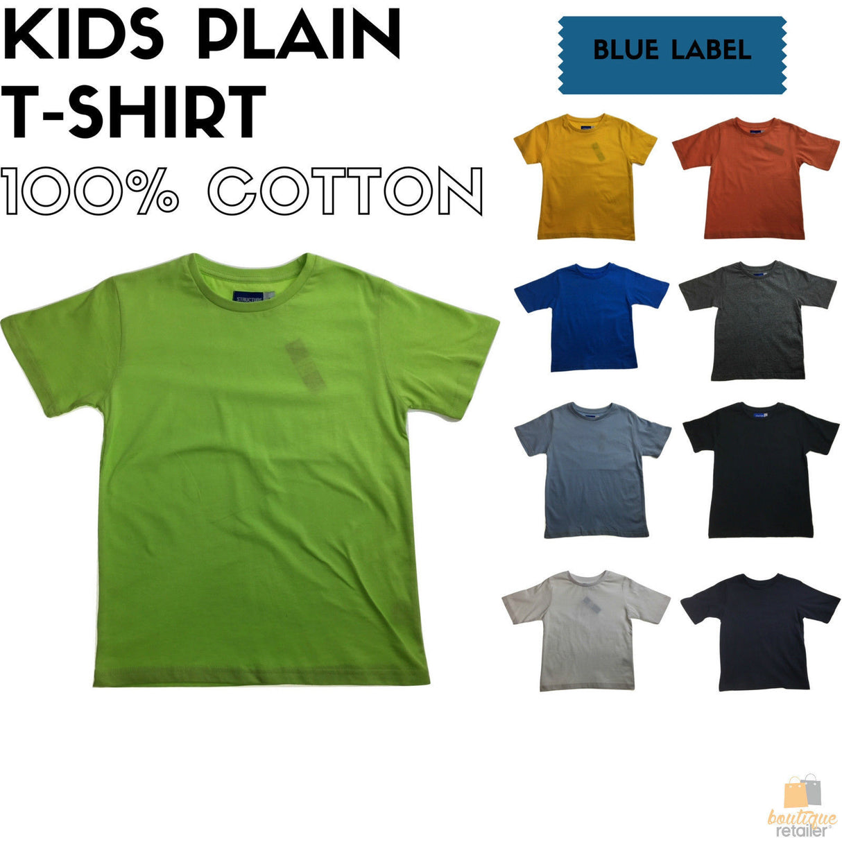 KIDS PLAIN T SHIRT Childrens Child 100% COTTON Boys Girls Basic Blank Tee Top - Bright Blue