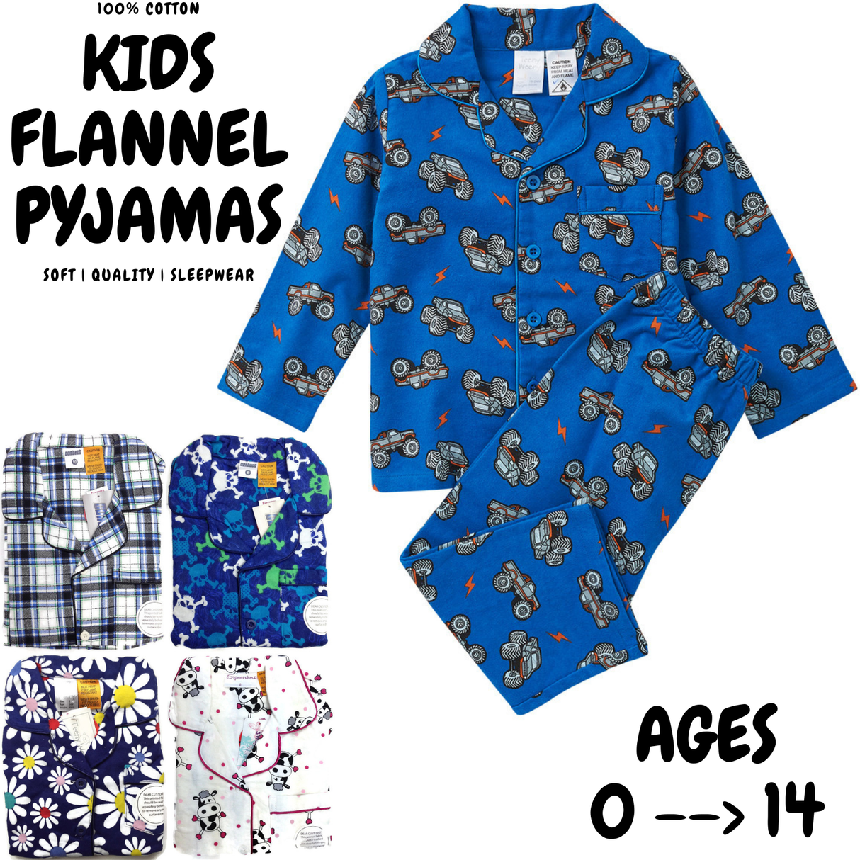 KIDS FLANNELETTE PYJAMAS PJs Boys Girls Flannel Pajamas Pyjama Winter Set PJ - Daisy Brights