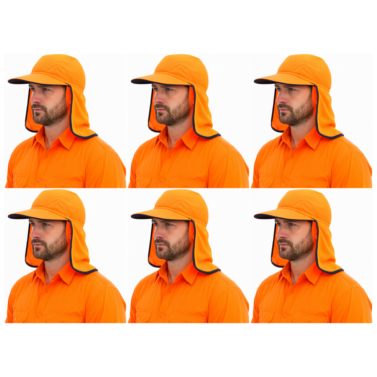 6x Fluro Orange Hi Vis Legionnaire Hat Bulk Pack - High Visibility Sun Protection Cap (One Size)