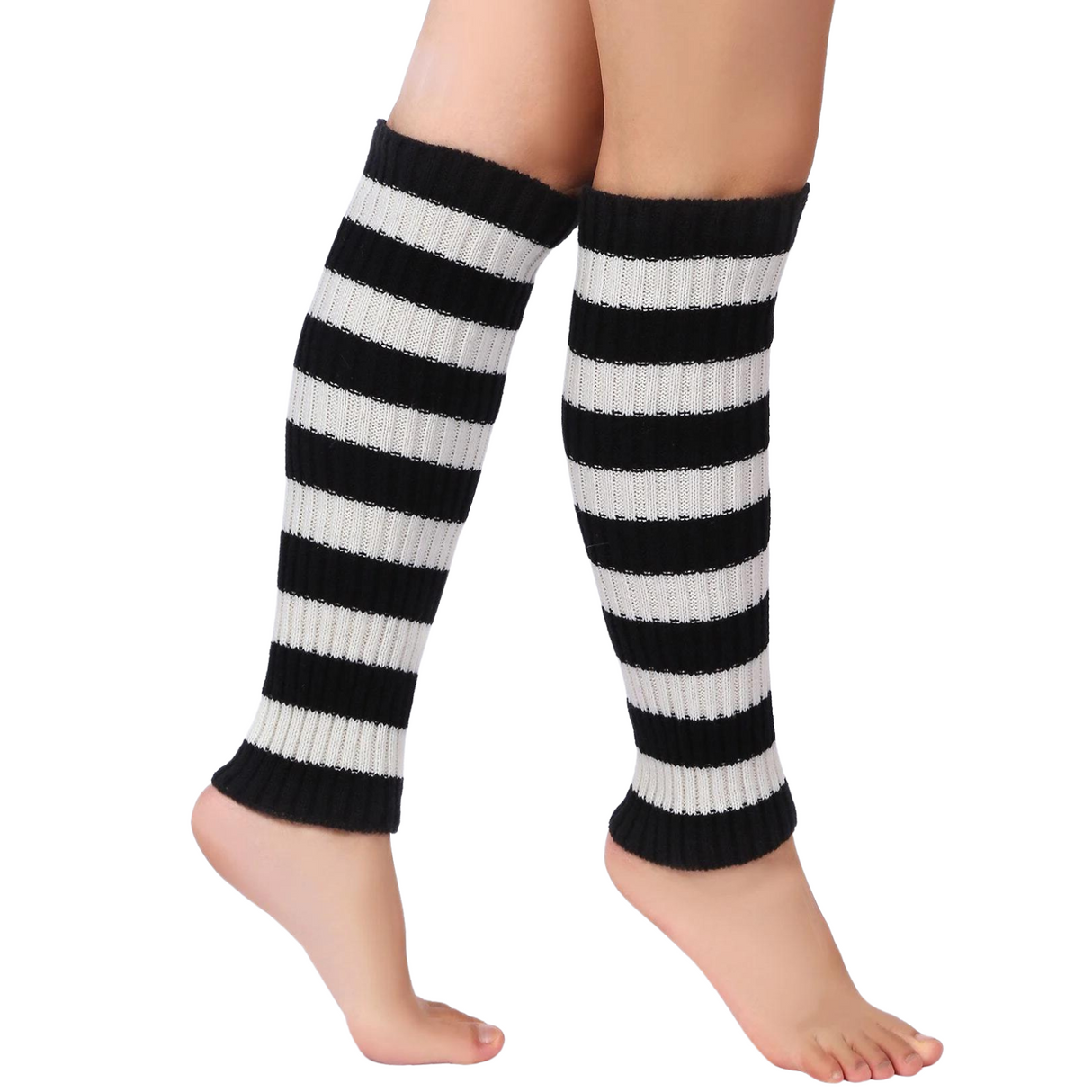 1 Pair Black/White Stripe Ribbed Leg Warmers - Womens Dance Costume/80s Party