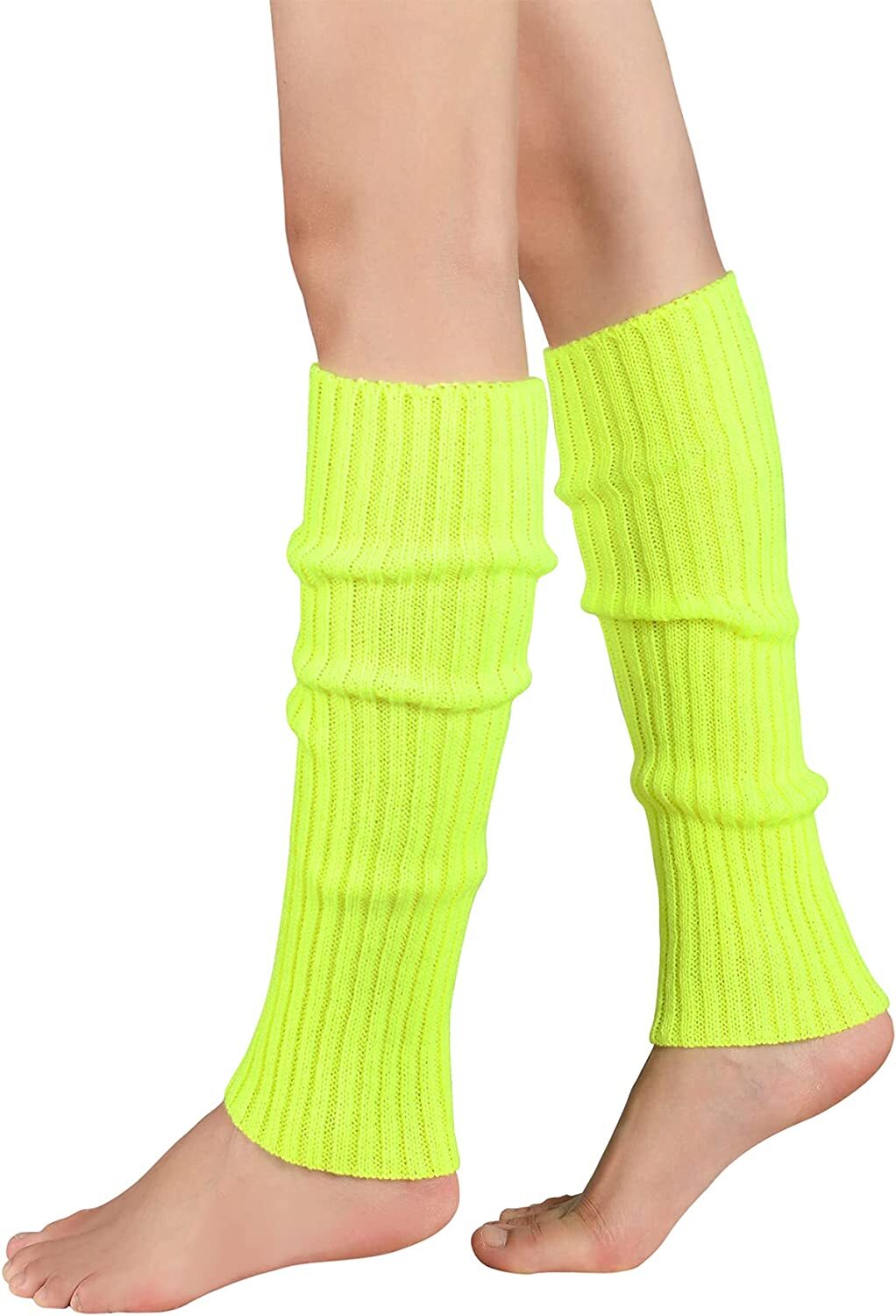 1 Pair Fluro Yellow Ribbed Leg Warmers - Womens Dance Costume/80s Party