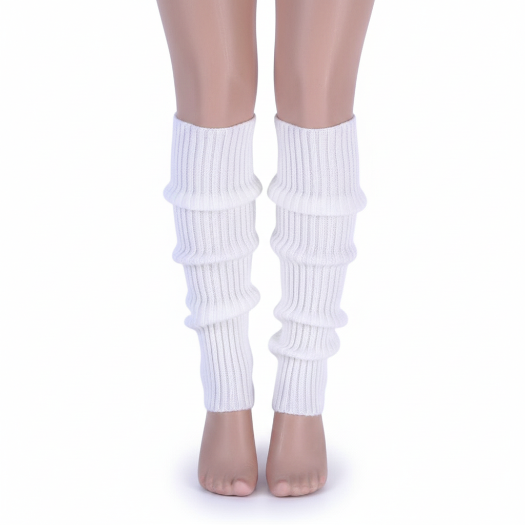 1 Pair White Ribbed Leg Warmers - Womens Dance Costume/80s Party