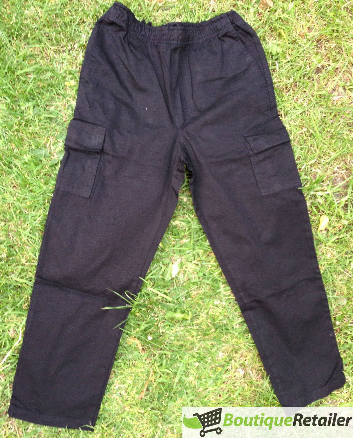 Mens CARGO PANTS Trousers Elastic Waist 100% COTTON Army Military PLAIN Casual - Black