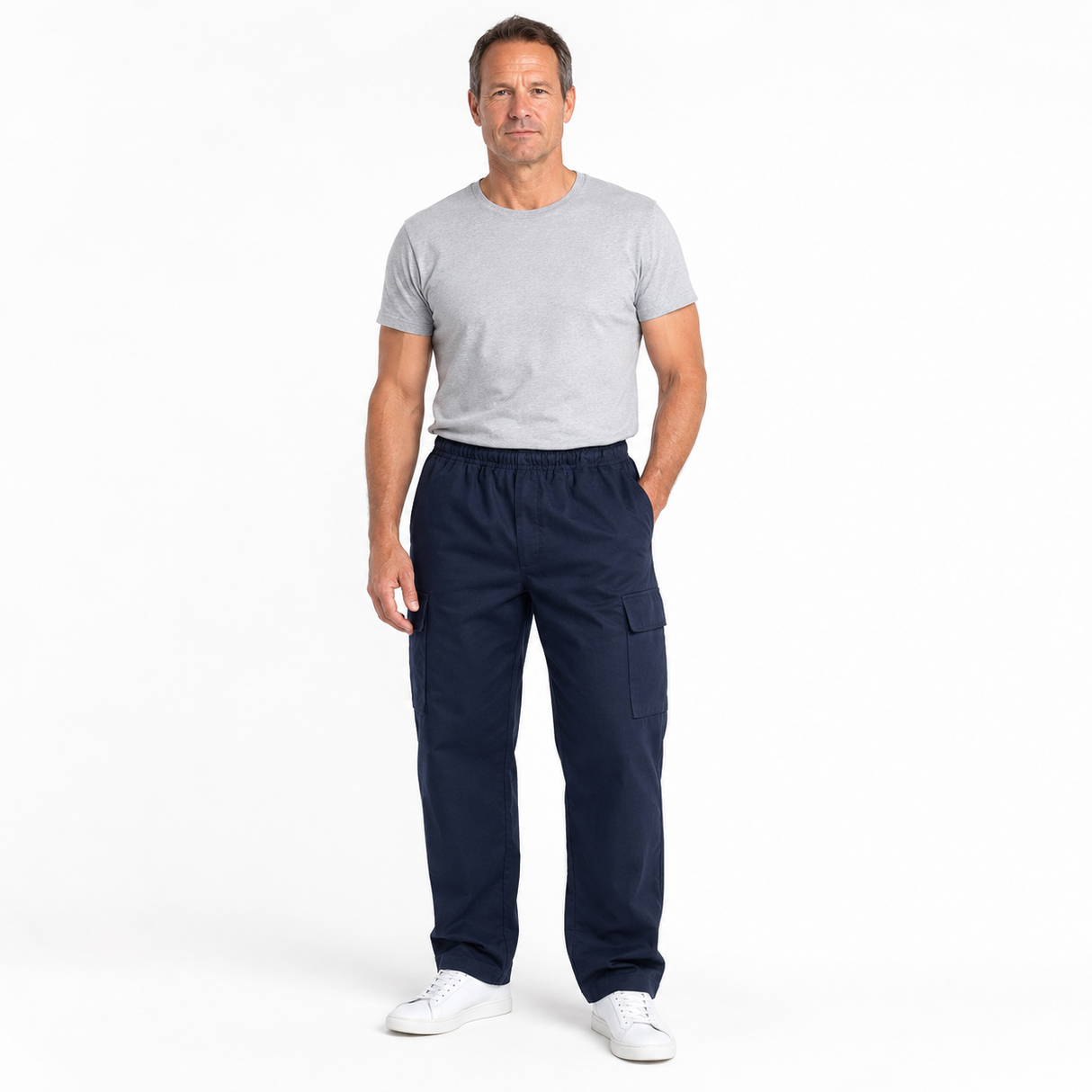 Mens 100% Cotton Cargo Pants - Navy Blue (Elastic Waist)