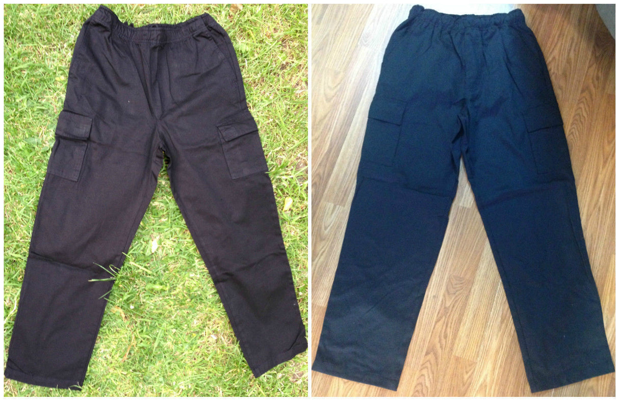 Mens CARGO PANTS Trousers Elastic Waist 100% COTTON Army Military PLAIN Casual - Black