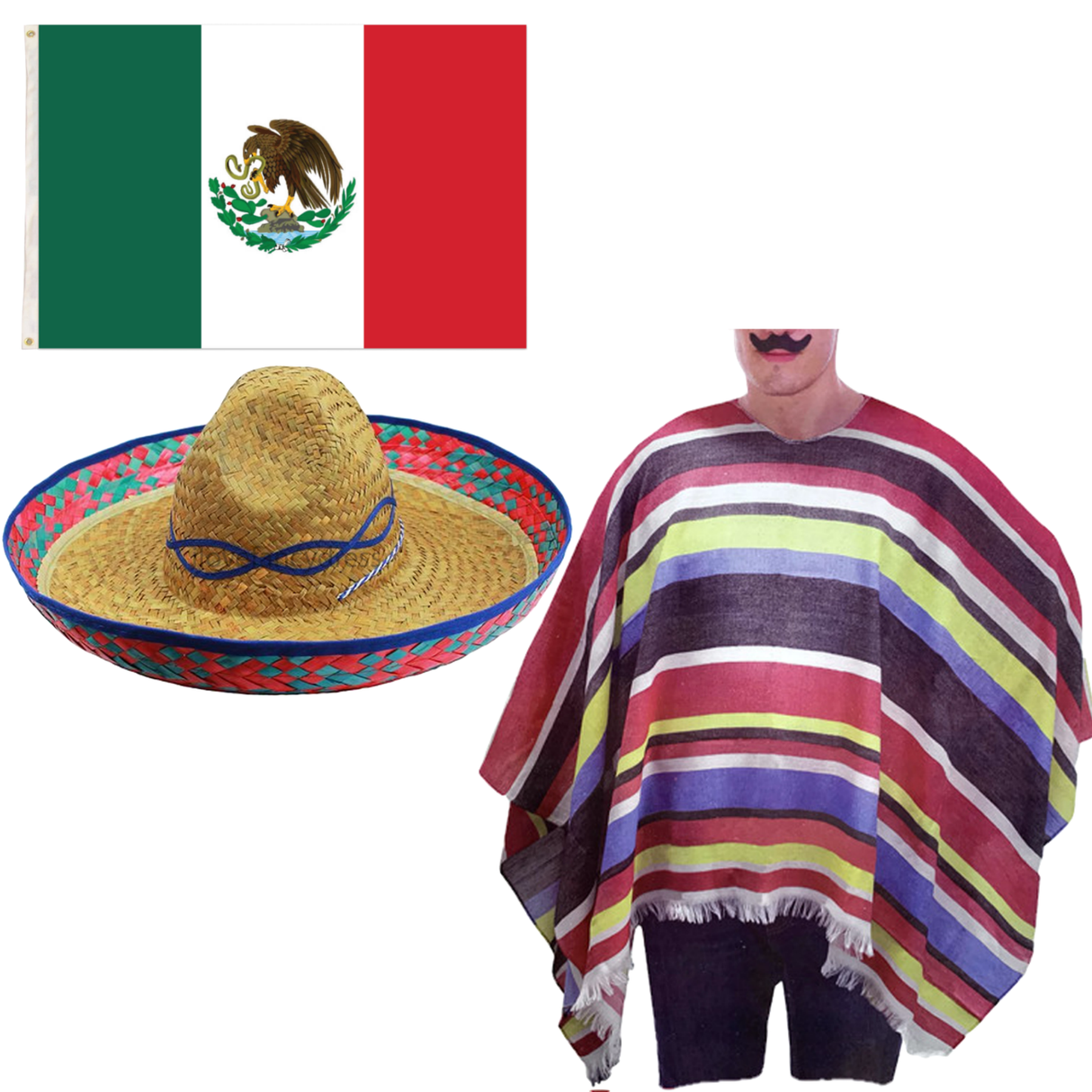 Mens 3pc Mexican Flag + Poncho + Sombrero Set - Wild West/Cowboy (Halloween & Fancy Dress)