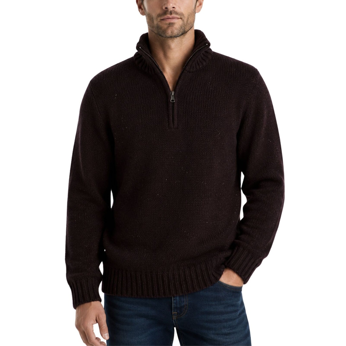 Mens Knit Half Zip Pullover Jumper - Burgundy (Stretch Winter Sweater)