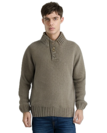 Mens Knit Jumper Pullover Sweater Knitted Casual Stretch Warm Winter - 4 Button Ivory 01 (KW16)