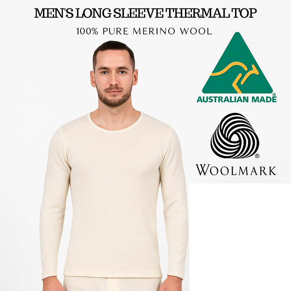 Mens 100% Pure Merino Wool Thermal Long Sleeve Top T Shirt Underwear - Natural - Natural