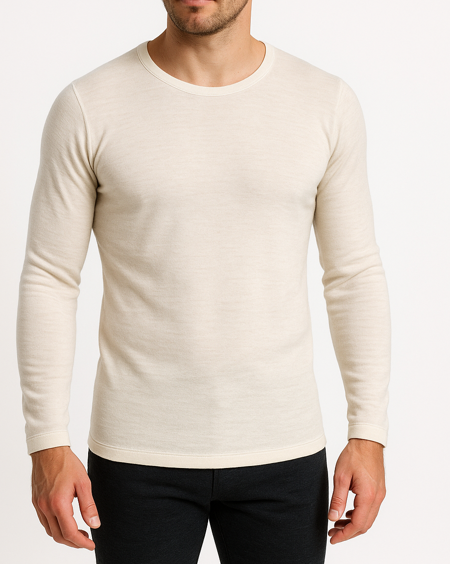Mens 100% Pure Merino Wool Thermal Long Sleeve Top T Shirt Underwear - Natural - Natural