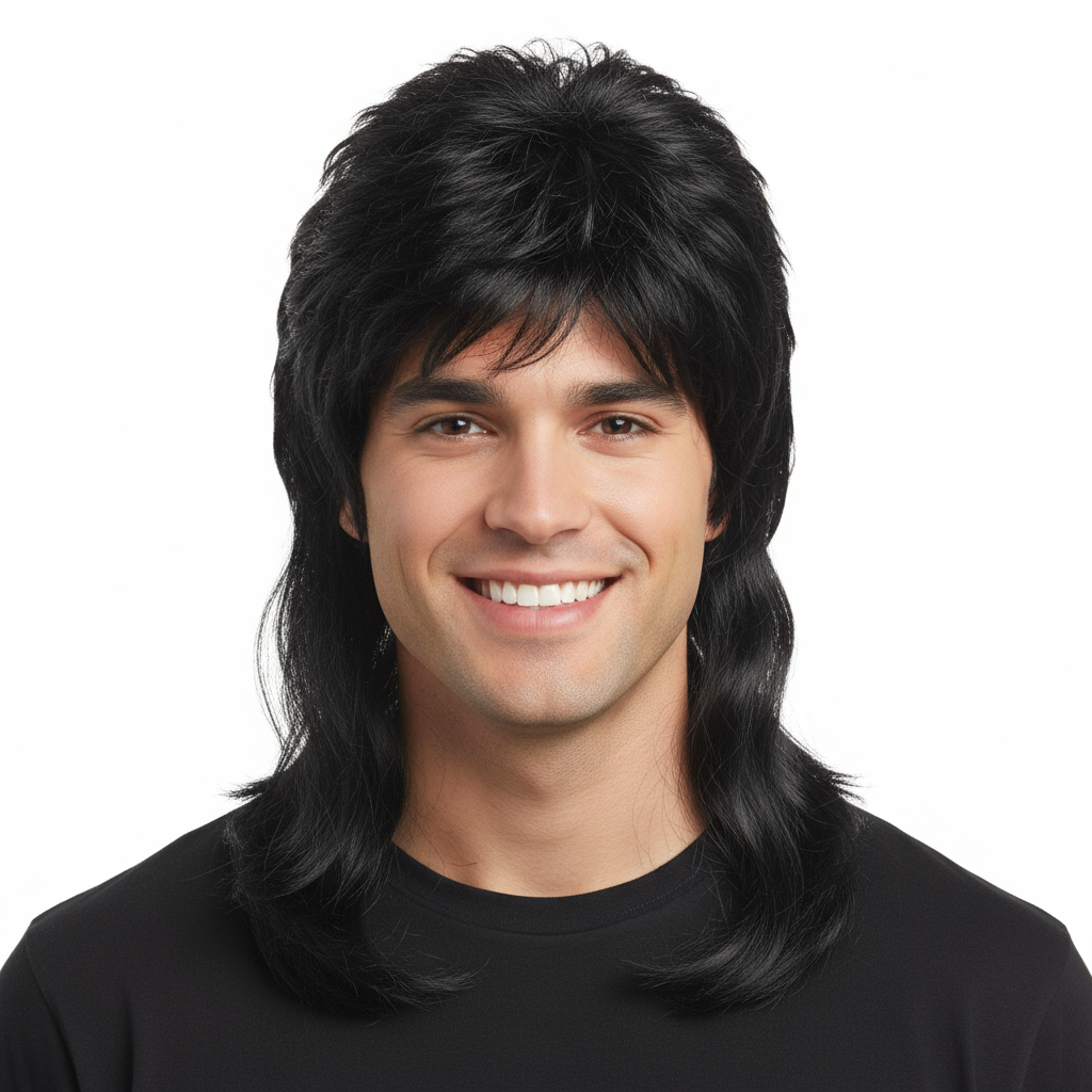 Mens Black Mullet Wig - Bogan/Rock Costume for 80s Party