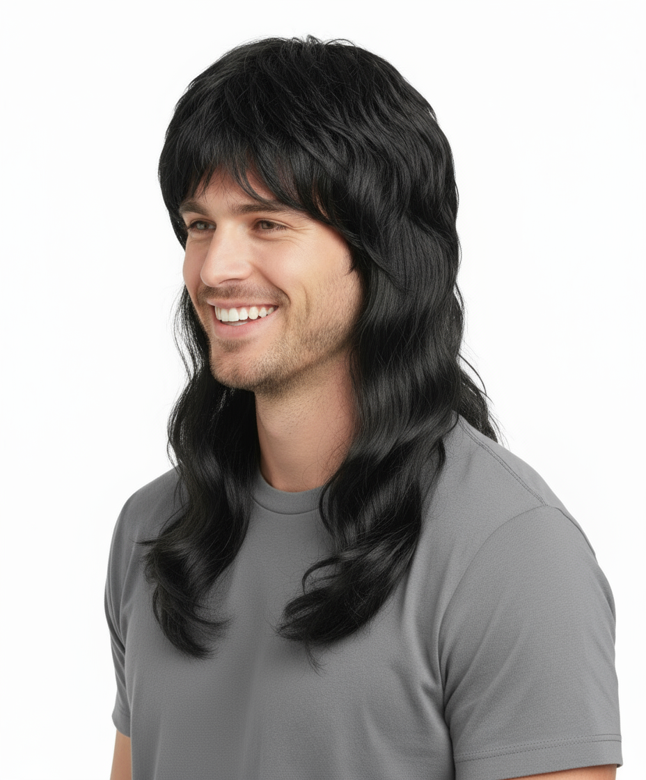 Mens Black Long Mullet Wig - Bogan/Rock Costume for 80s Party