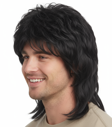 MULLET WIG 80s Fancy Dress Mens Party Costume Rock Bogan Accessory Punk 70s 90s - Black
