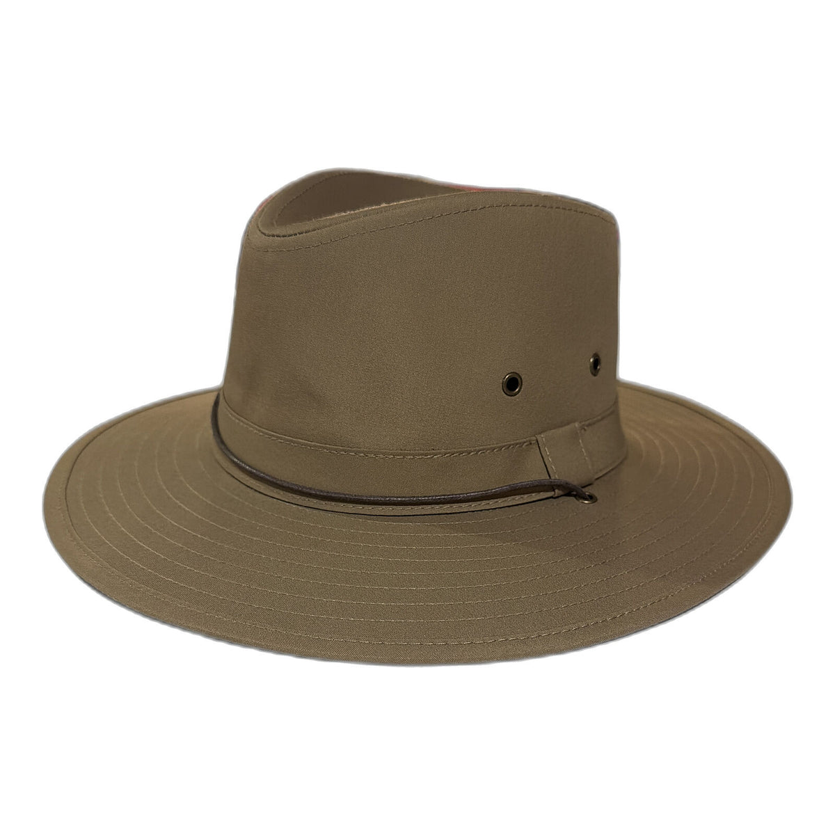 Mens Showerproof Wide Brim Outback Hat with Chin Cord - Khaki