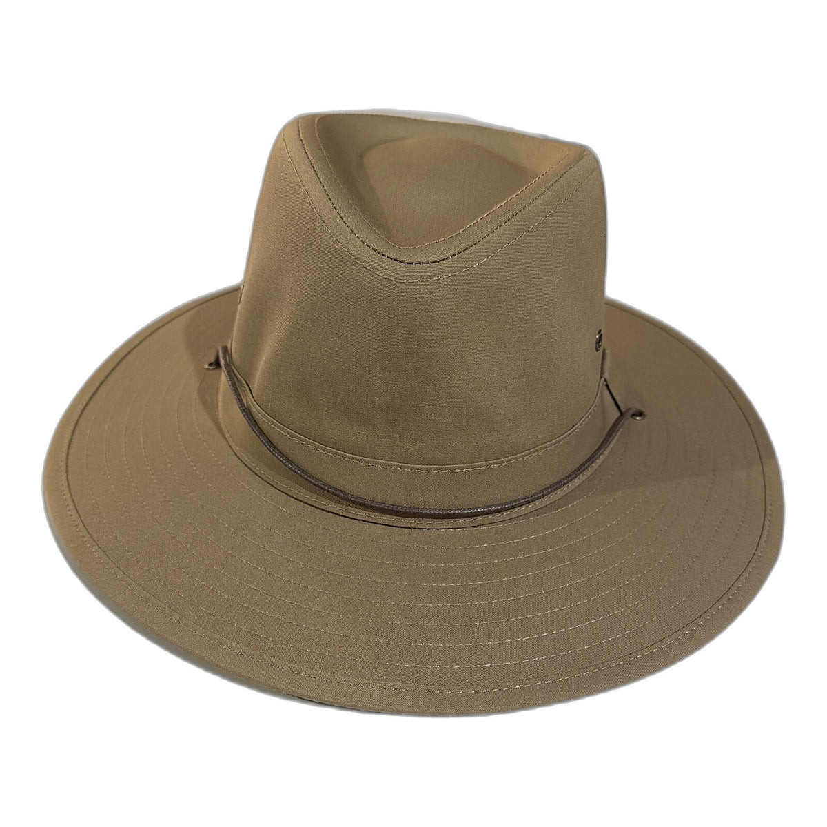 Mens Showerproof Wide Brim Outback Hat with Chin Cord - Khaki