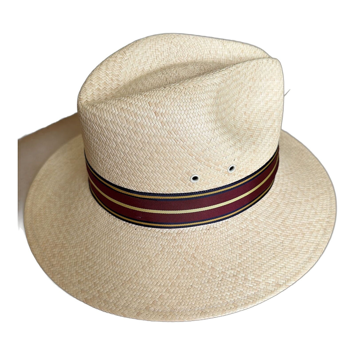 Handwoven Genuine Panama Straw Fedora Hat - Natural & Burgundy Stripe