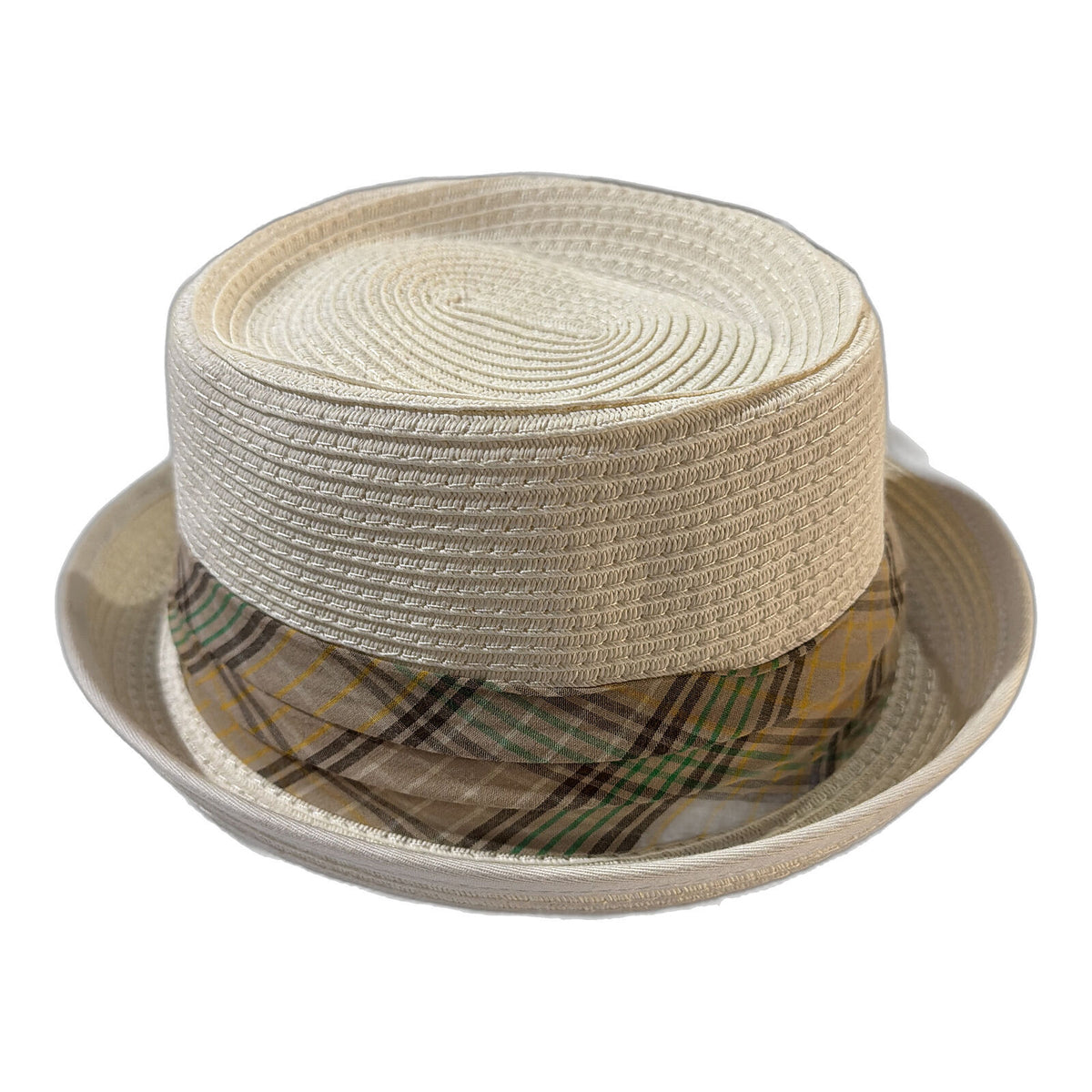 Foldable Natural Fibre Pork Pie Hat with Check Band - White