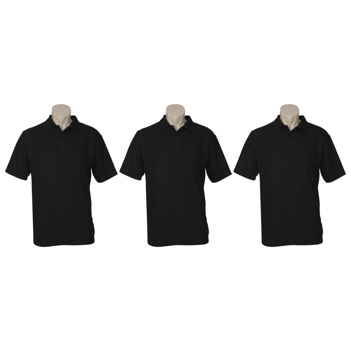 3x Mens Plain Short Sleeve Polo Shirt Pack - Black (Pique Knit UPF Casual T-Shirt)