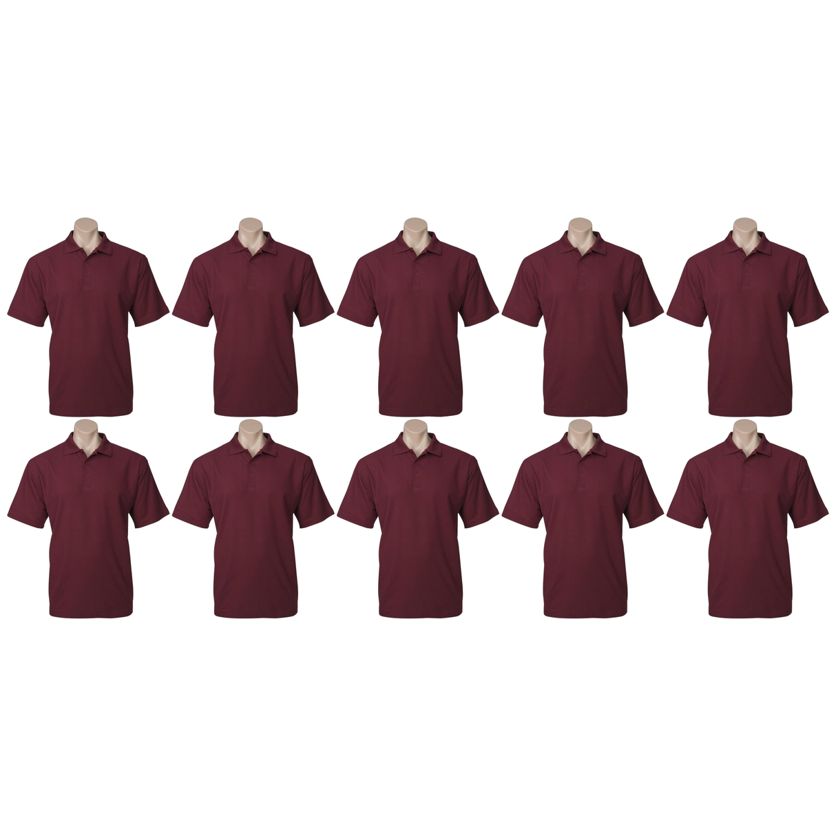 10x Mens Plain Short Sleeve Polo Shirt Bulk Pack - Burgundy (Pique Knit UPF Casual T-Shirt)