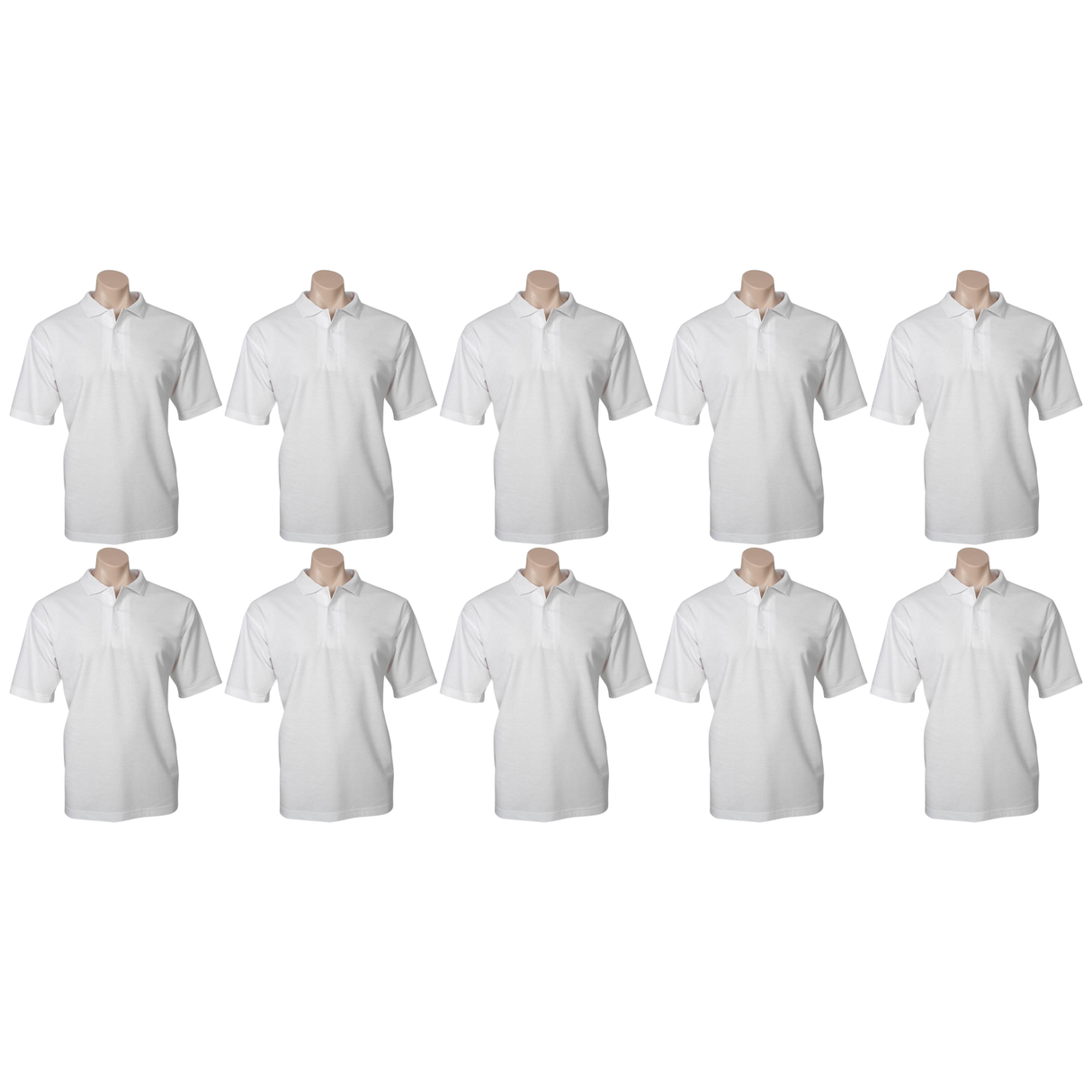 10x Mens Plain Short Sleeve Polo Shirt Bulk Pack - White - Medium (Pique Knit UPF Casual T-Shirt)