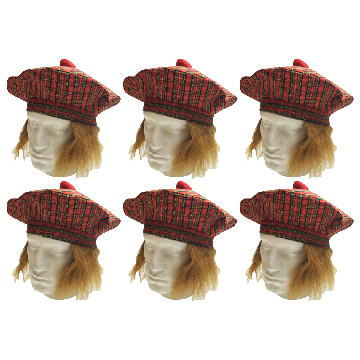 6x Scottish Tam O'Shanter Hat Bulk Pack - Tartan Costume (Halloween & Fancy Dress)