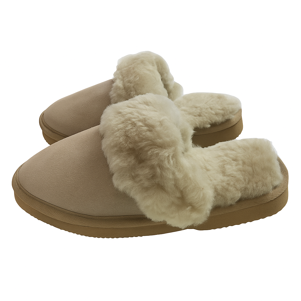 Sheepskin Wool Womens Slippers Scuffs Slip On Winter Ugg Slippers in Beige