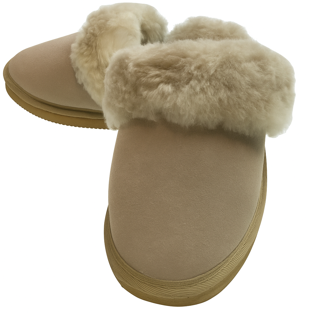100% Sheepskin Wool Womens Beige Slippers (Slip On Winter UGG Scuffs)
