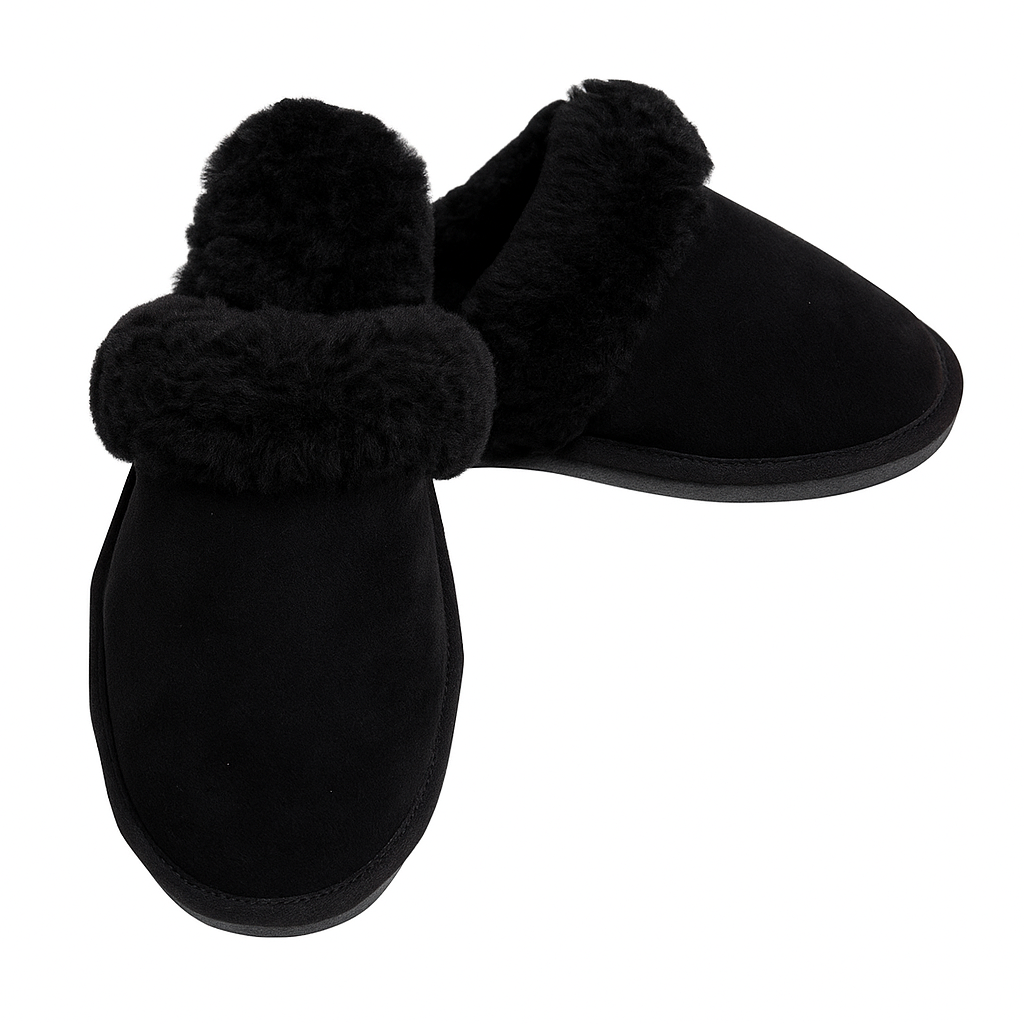 Sheepskin Wool Womens Slippers Scuffs Slip On Winter Ugg Slippers in Black