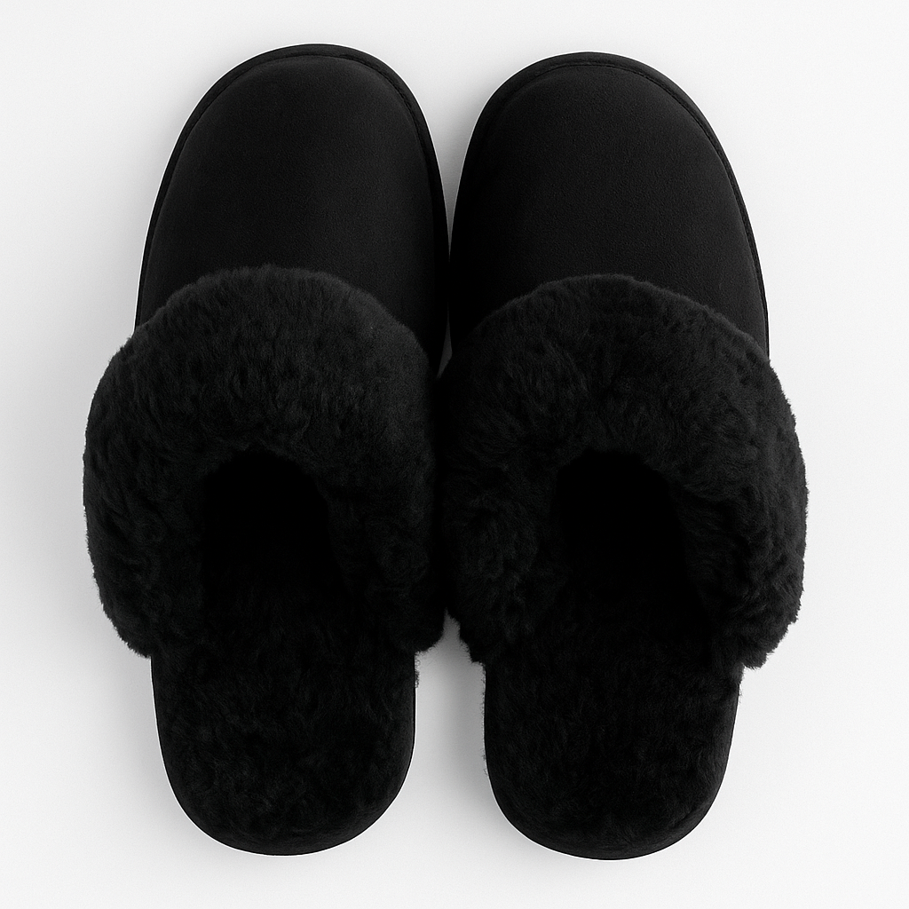 Sheepskin Wool Womens Slippers Scuffs Slip On Winter Ugg Slippers in Black
