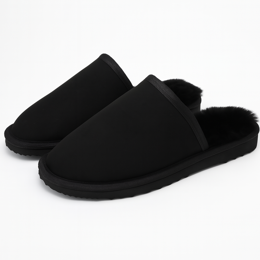 Sheepskin Wool Mens Slippers Scuffs Slip On Winter Ugg Slippers in Black