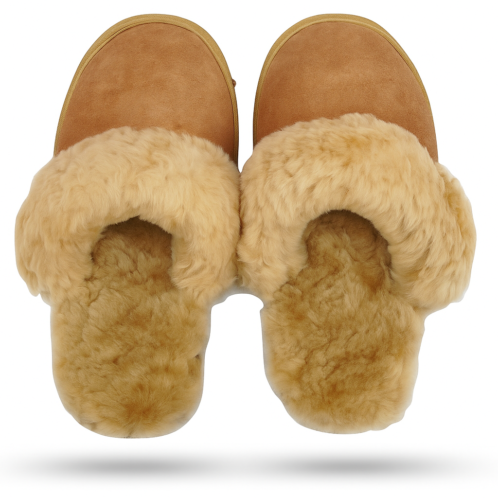 Sheepskin Wool Womens Slippers Scuffs Slip On Winter Ugg Slippers in Chestnut