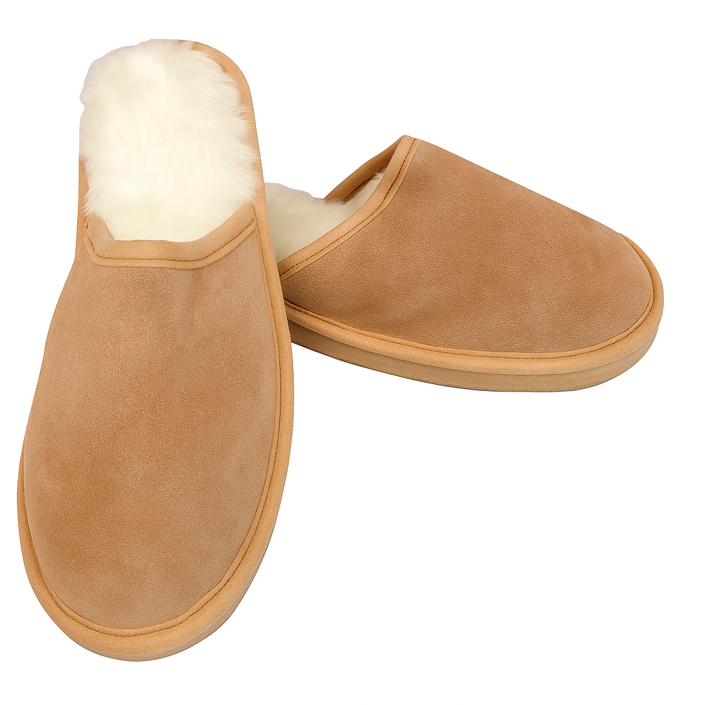 Sheepskin Wool Mens Slippers Scuffs Slip On Winter Ugg Slippers in Chestnut