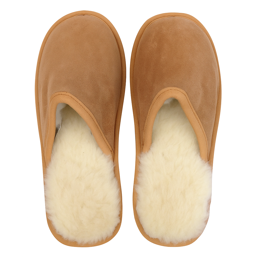 Sheepskin Wool Mens Slippers Scuffs Slip On Winter Ugg Slippers in Chestnut