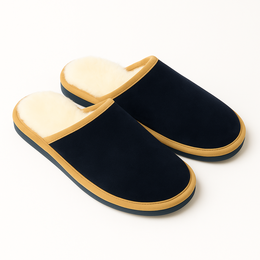 Sheepskin Wool Mens Slippers Scuffs Slip On Winter Ugg Slippers in Navy