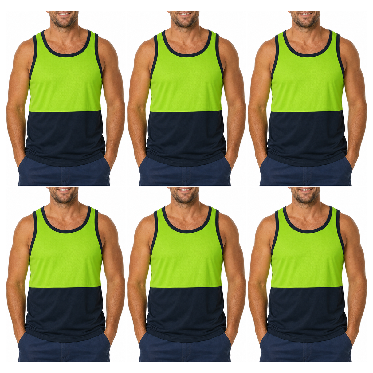 6x HI VIS Singlet/Tank Top Bulk Pack - Lime/Navy (High Visibility Fluro Safety Workwear)