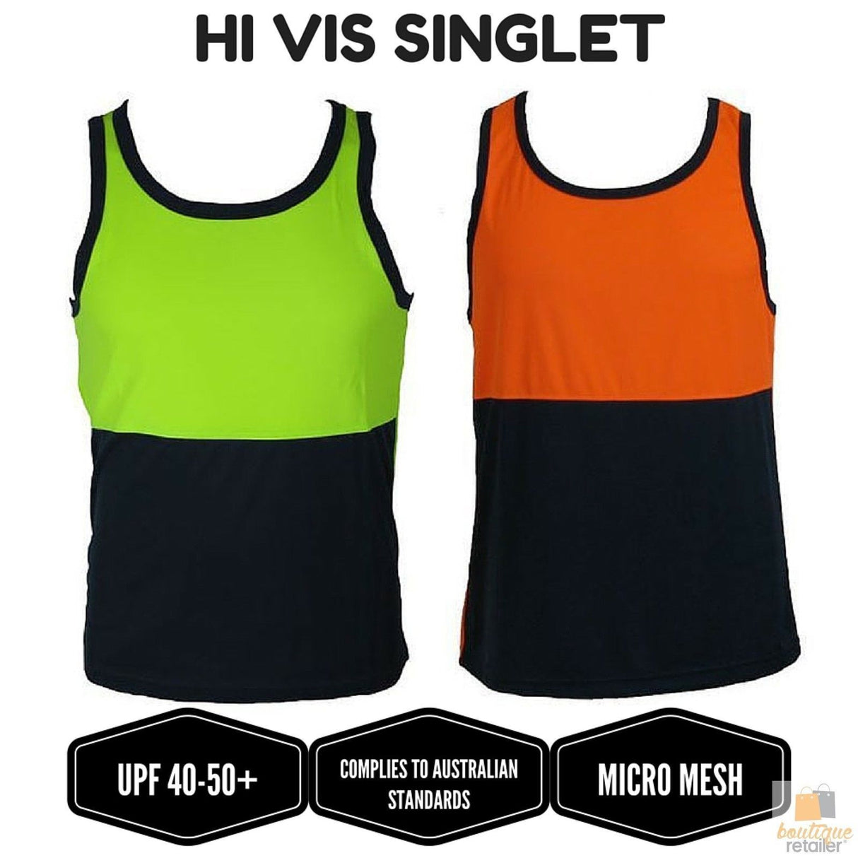 Hi Vis SINGLET Work Wear Safety Tank Top Fluro Micro Mesh UPF50+ High Visibility - Orange