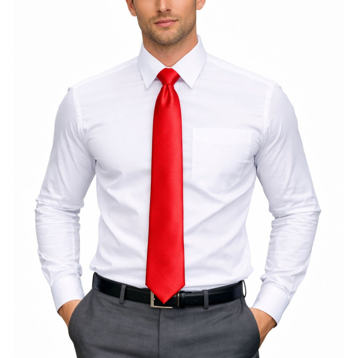 Mens Red Skinny Tie - Plain Polyester Skim Necktie (Formal/Wedding/Party)