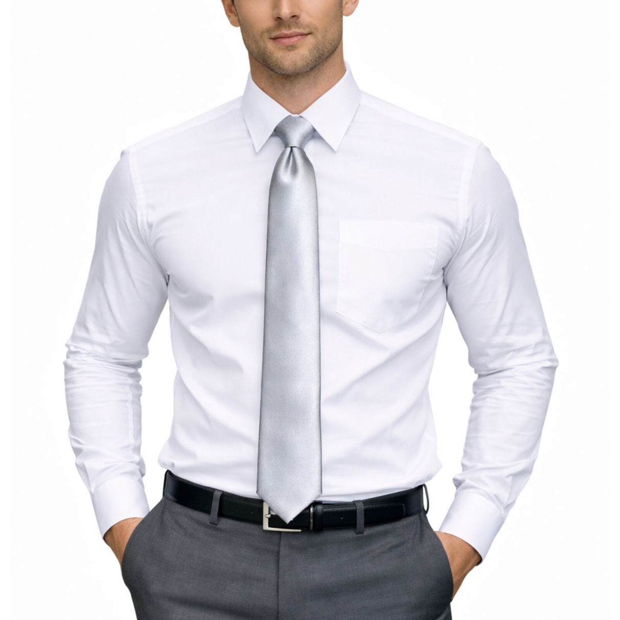 Mens Silver Skinny Tie - Plain Polyester Skim Necktie (Formal/Wedding/Party)