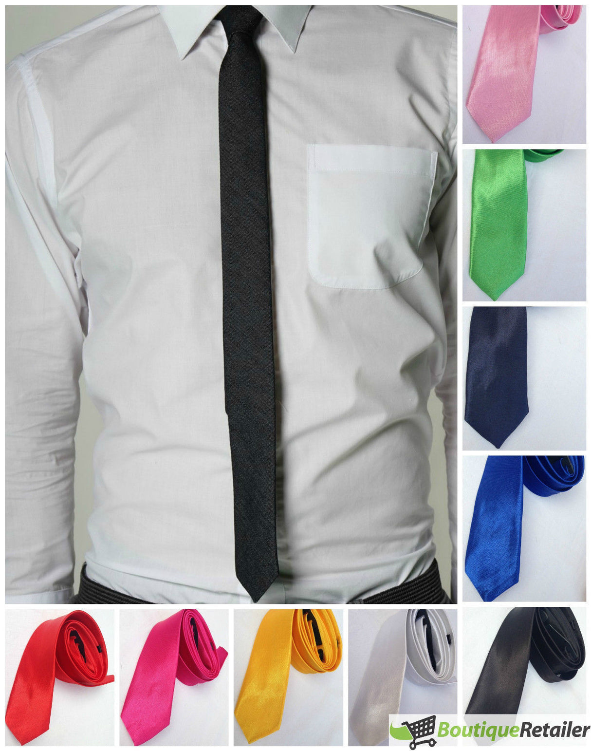 Mens SKINNY TIE Plain Wedding Slim Necktie Formal Casual Narrow Party - Blue