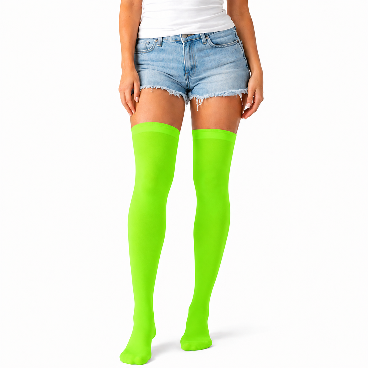 Over Knee Stay Up Stockings - Fluro Green (Halloween Costume Socks & Fancy Dress Party)
