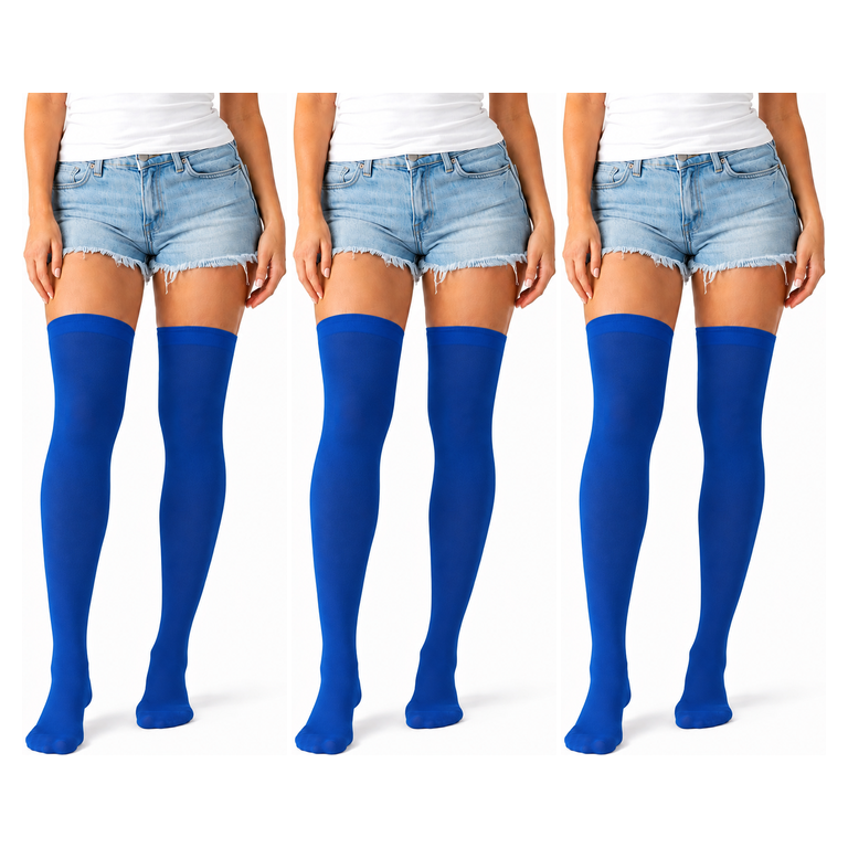 3x Over Knee Stay Up Stockings Pack - Blue (Halloween Costume Socks & Fancy Dress Party)