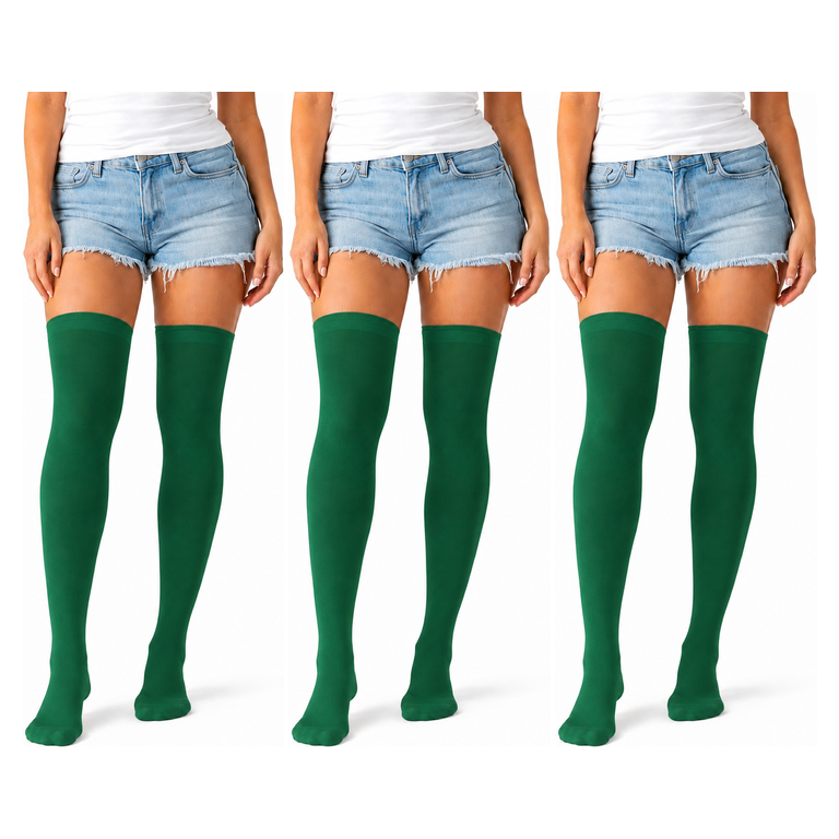 3x Over Knee Stay Up Stockings Pack - Green (Halloween Costume Socks & Fancy Dress Party)