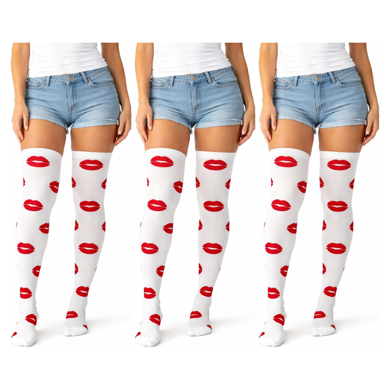 3x Lips Over Knee Stay Up Stockings Pack - White/Red (Halloween Socks & Fancy Dress)