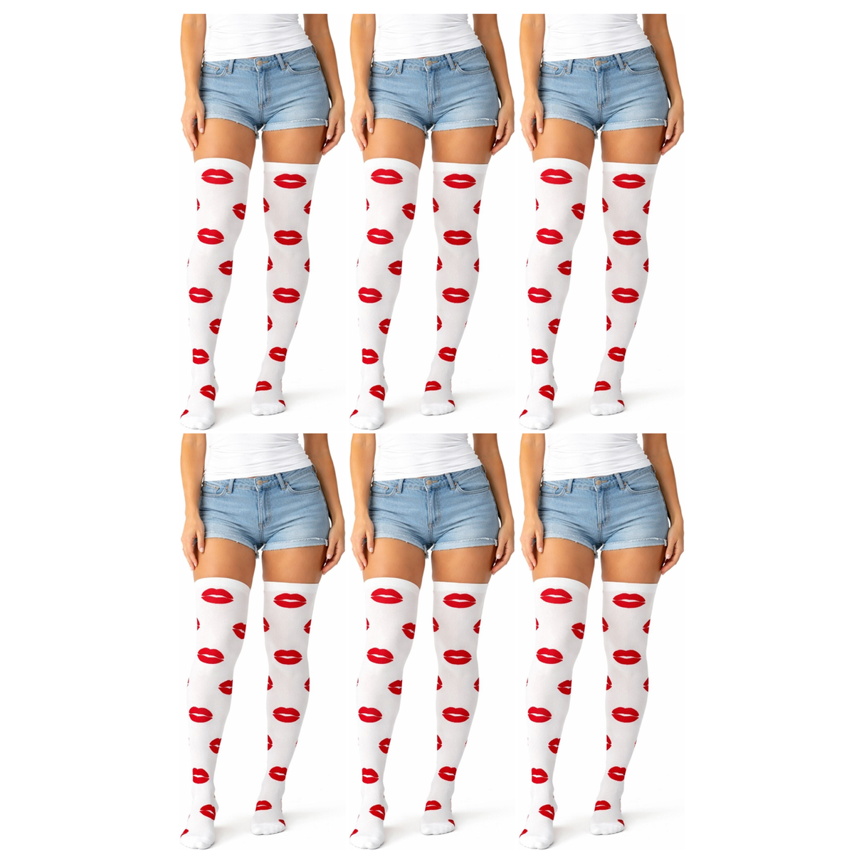 6x Lips Over Knee Stay Up Stockings Bulk Pack - White/Red (Halloween Socks & Fancy Dress)