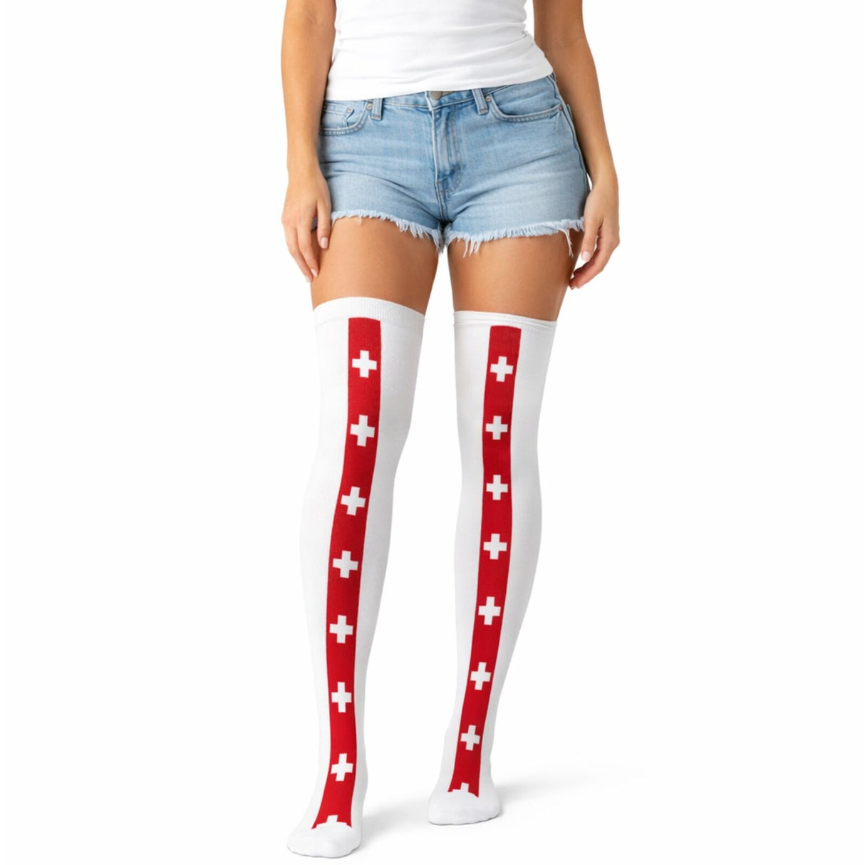 Nurse Over Knee Stay Up Stockings - White/Red (Halloween Socks & Fancy Dress)