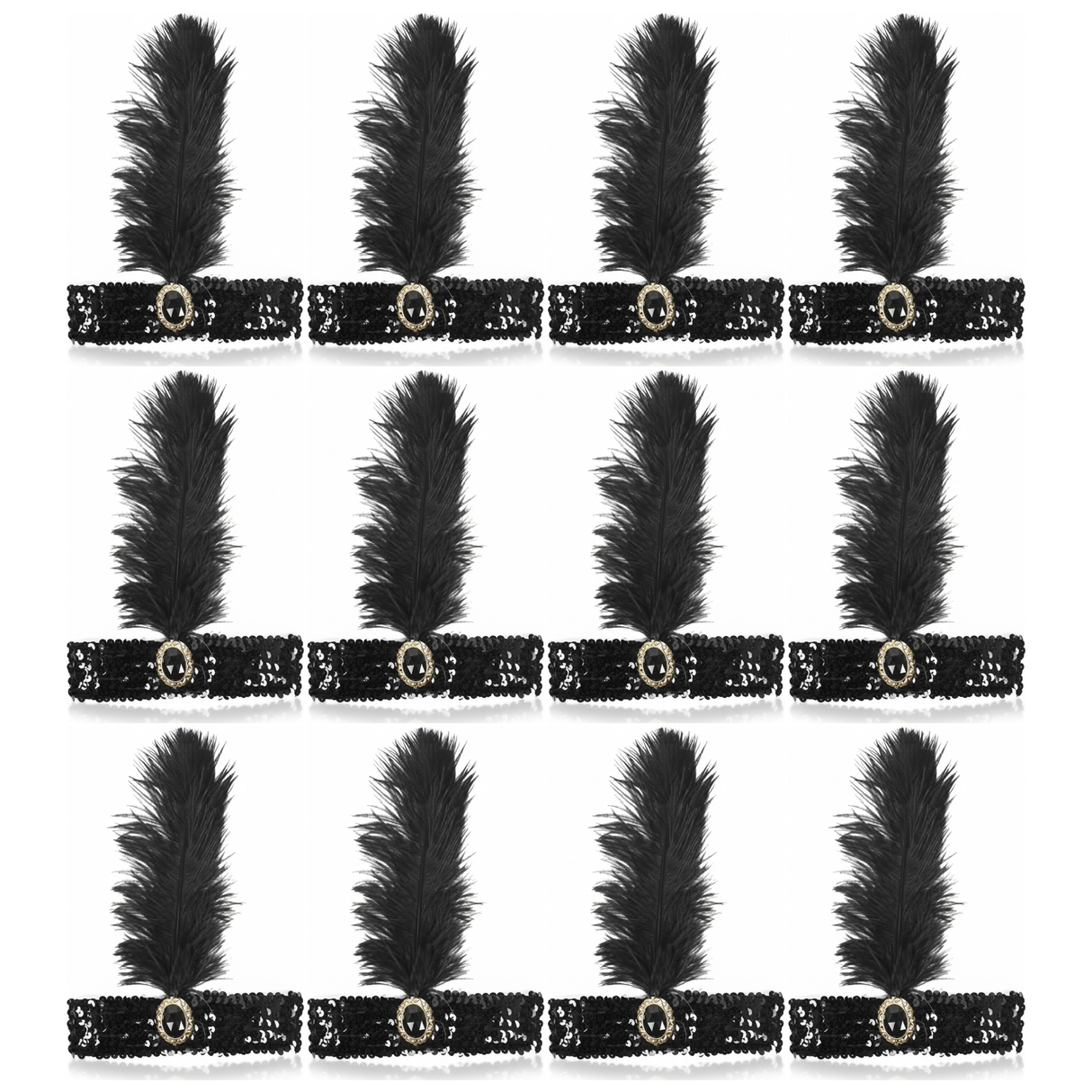 12x 1920s Black Wide Flapper Headband w/ Feather & Sequins Bulk Pack - Gatsby/Charleston Costume