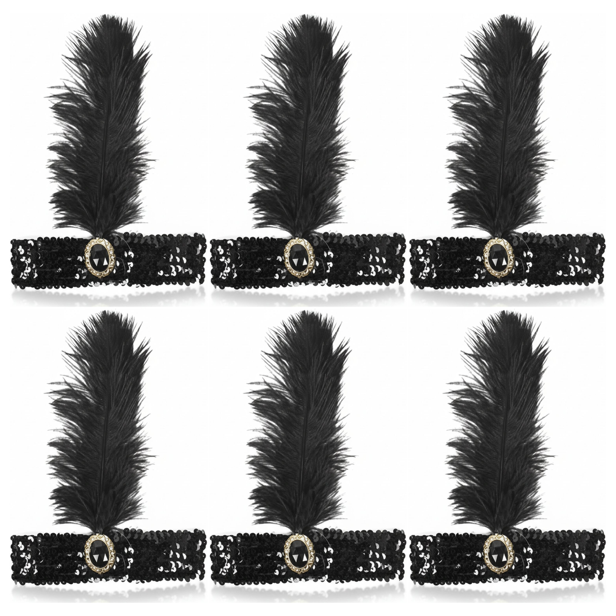6x 1920s Black Wide Flapper Headband w/ Feather & Sequins Bulk Pack - Gatsby/Charleston Costume