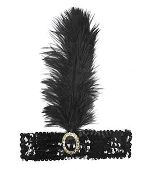 1920s Black Wide Flapper Headband w/ Feather & Sequins - Gatsby/Charleston Costume