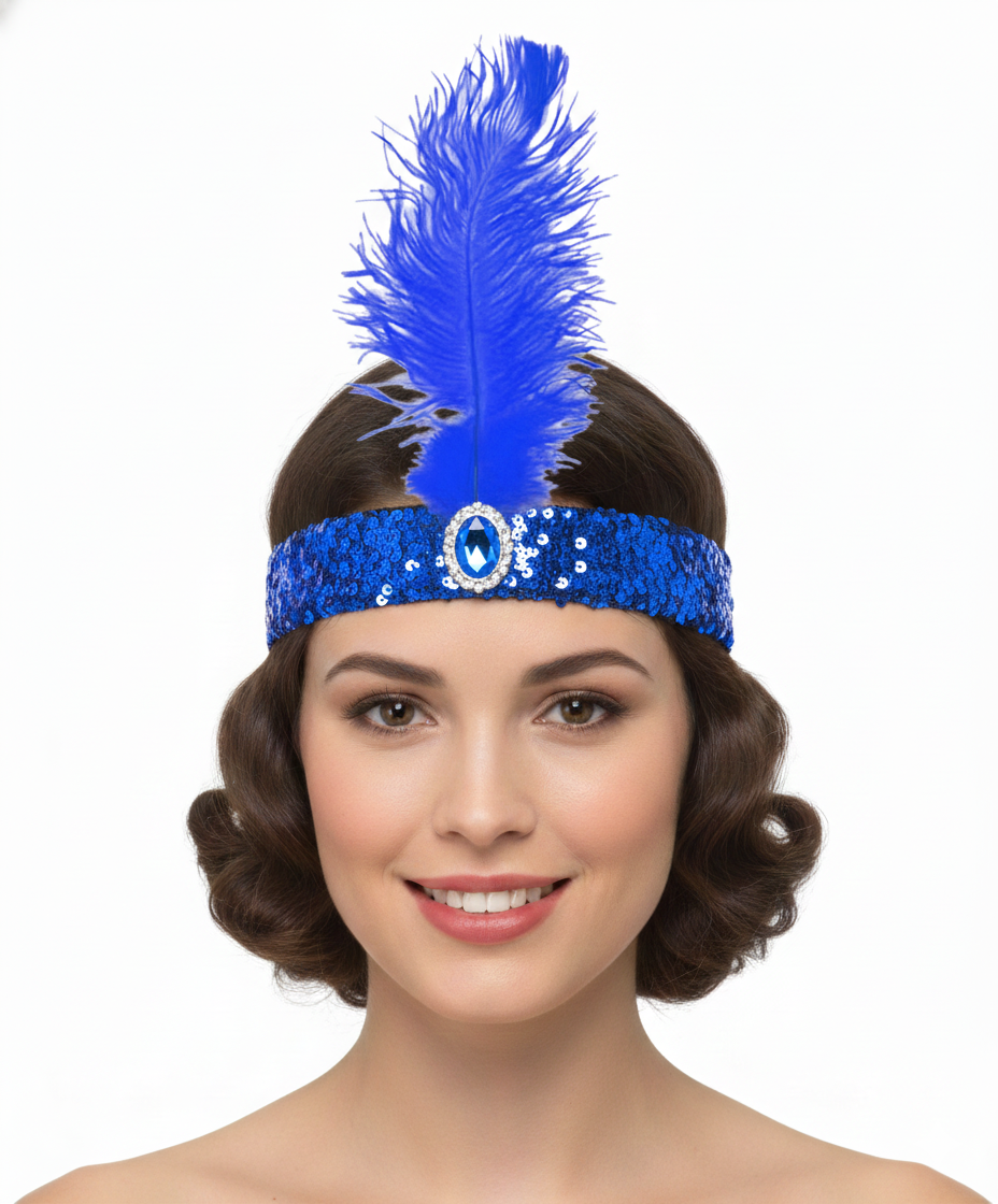 1920s Blue Wide Flapper Headband w/ Feather & Sequins - Gatsby/Charleston Costume
