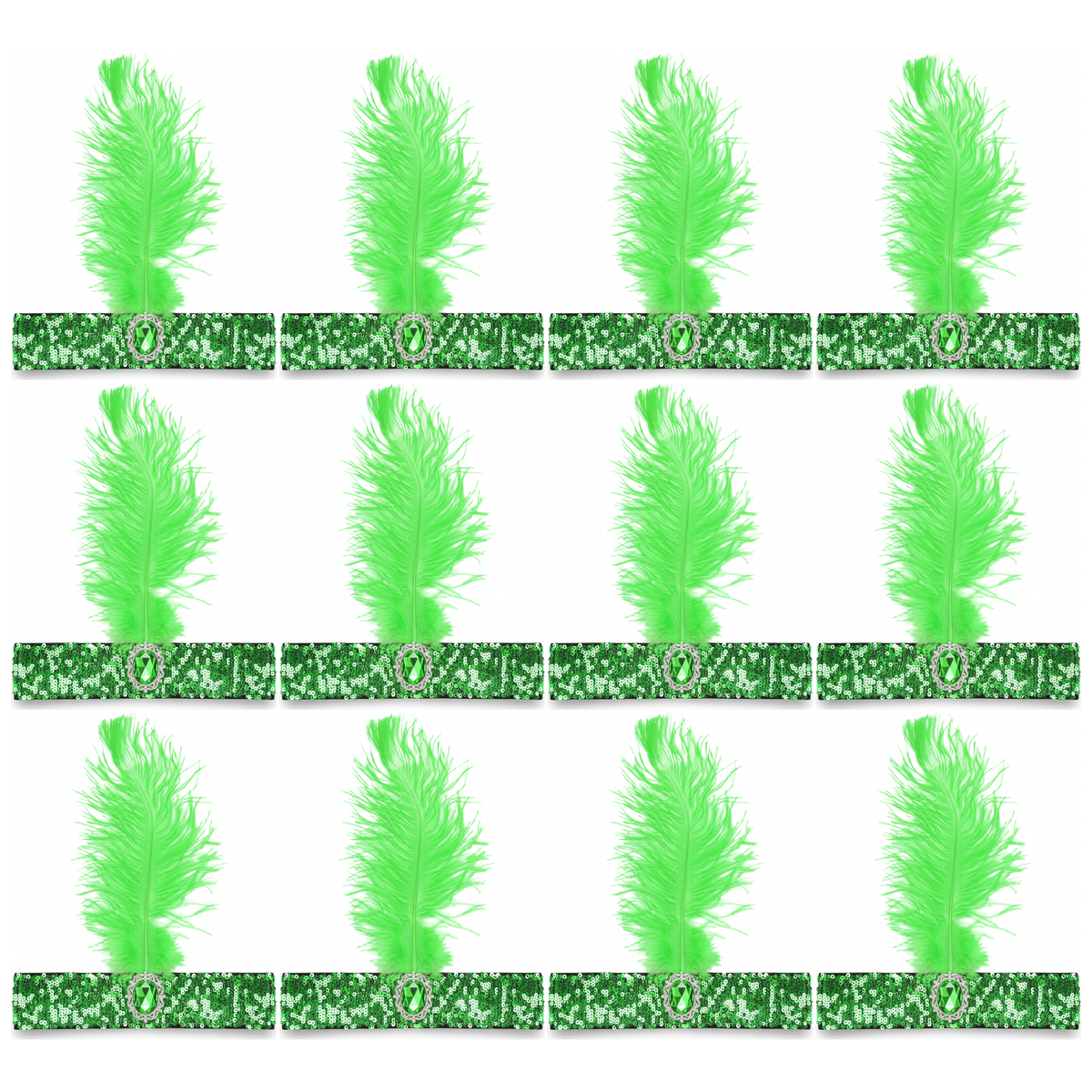 12x 1920s Green Wide Flapper Headband w/ Feather & Sequins Bulk Pack - Gatsby/Charleston Costume